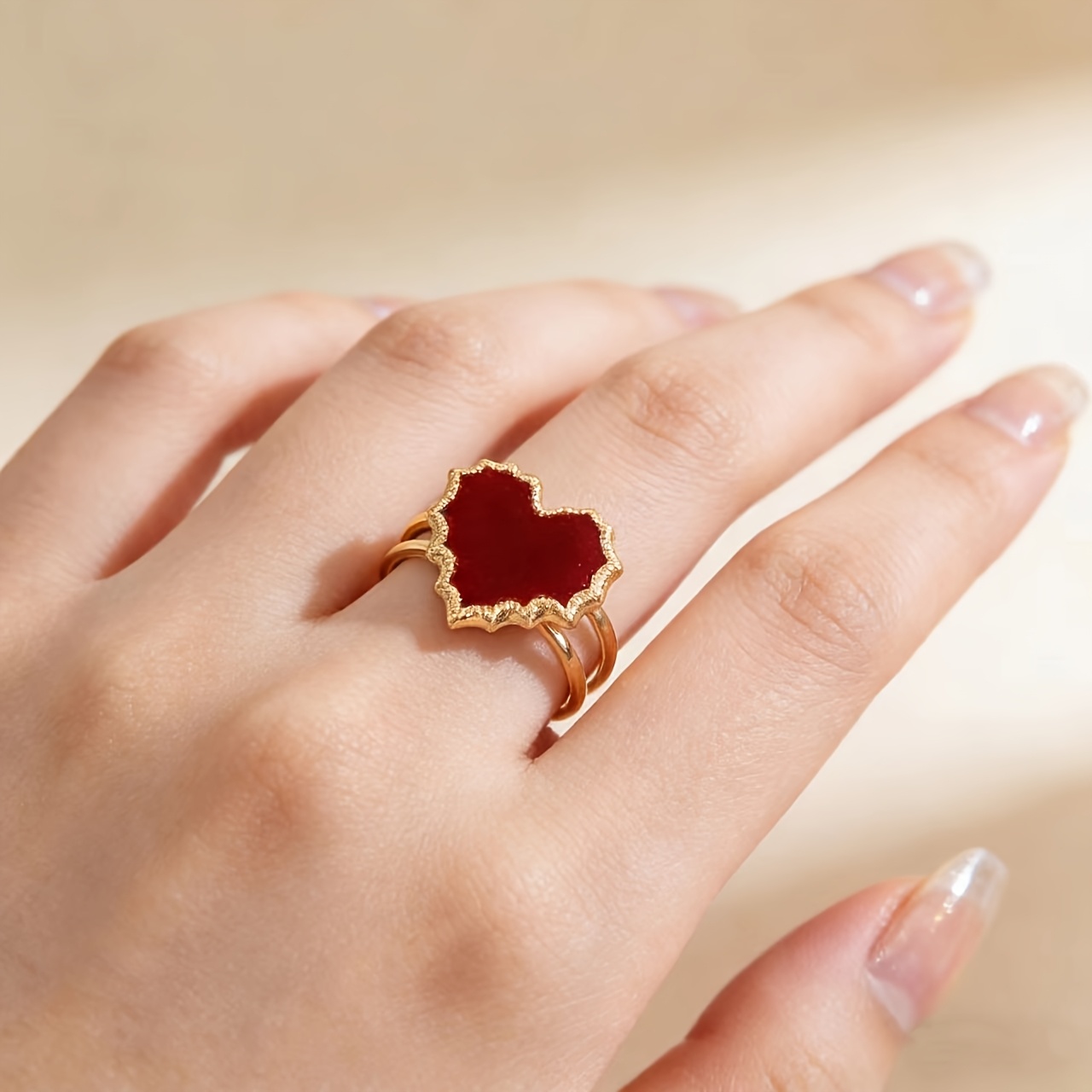 French Retro Heart Ring, Red Black White Enamel Heart Band, Minimalist Luxury Personalized Ring, Stainless Steel Heart Gold Frame Open Adjustable Ring