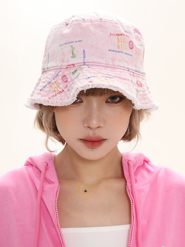Handmade Raw Edges All Over Print Color Denim Bucket Hat Versatile