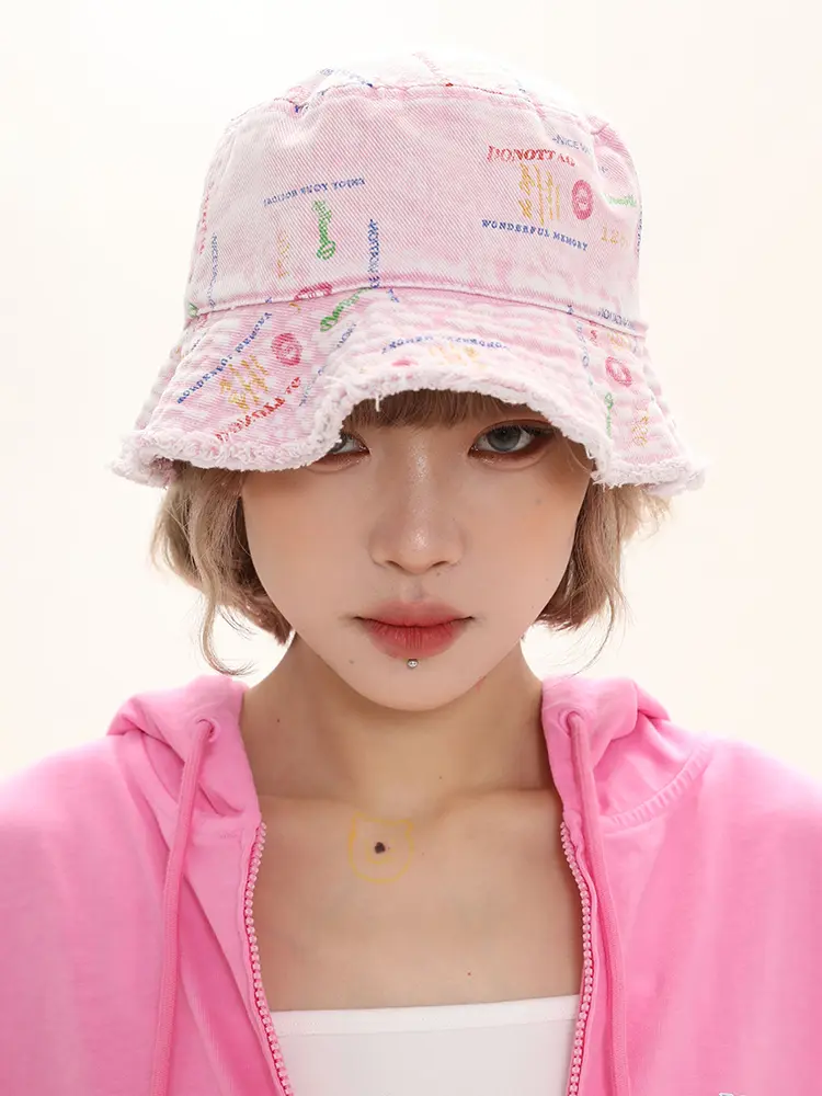 Handmade Raw Edges All Over Print Color Denim Bucket Hat Versatile