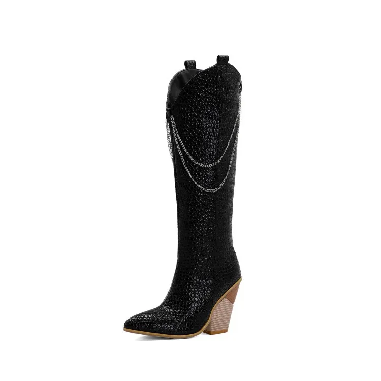 Women's Metal Chain Chunky High Heels - Black