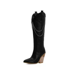 Women's Metal Chain Chunky High Heels - Black - View 1