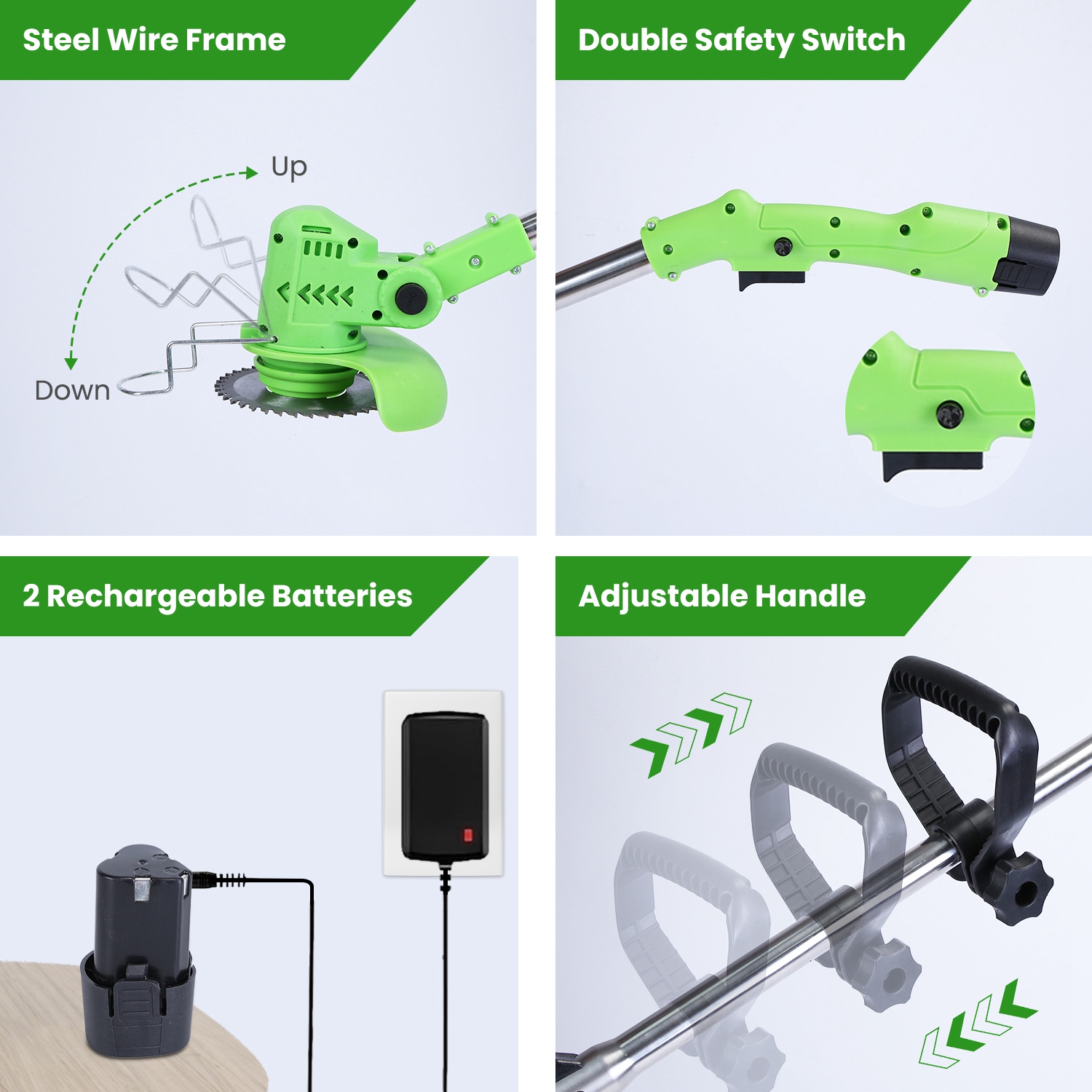 12V 200W Cordless Grass Trimmer Rechargeable Lawn Mower 9000M Per Min Weed Cutter With Saw Blade 2 Stainless Steel Blades 10 Plastic Blades 2 Rechargeable Batteries Goggles Gloves