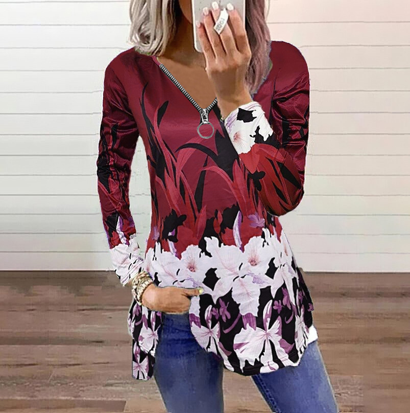 Title 2, Zipper Pullover Print Long Sleeved Loose T Shirt