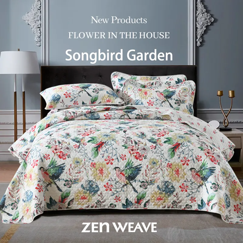 Cotton Reversible Quilt Bedspread Set Watercolor Songbird