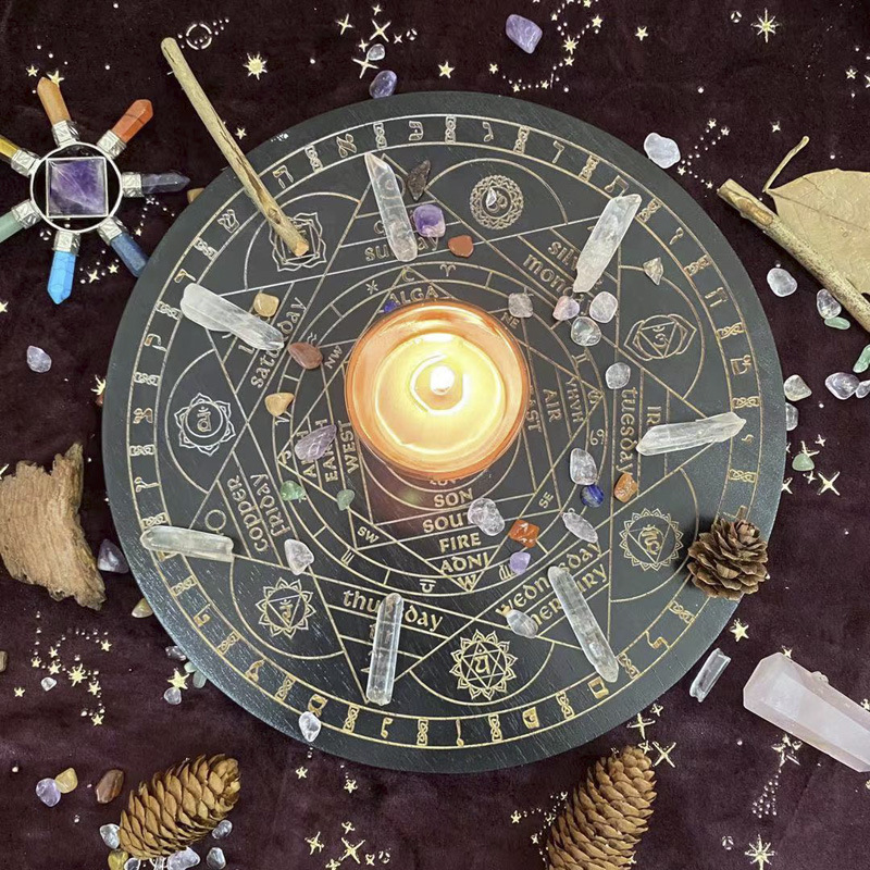 Black seven chakra crystal energy disk oak carved astrolabe