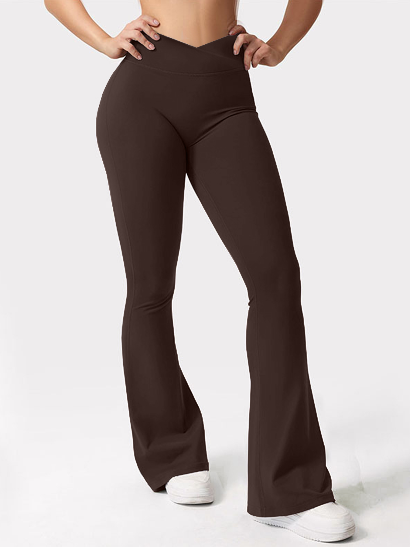 V waist Elastic Sports Tight Pants Women's Peach Hip Lifting Yoga Bell Bottom Pants Dark Brown - Shop at LoveMi