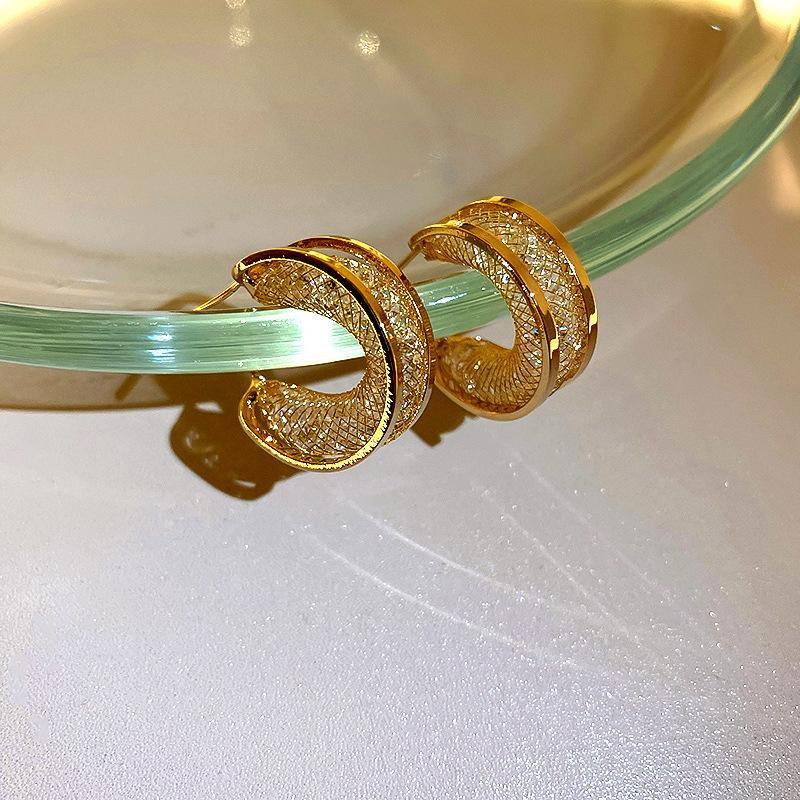 Silver Needle C-shaped Crystal Mesh Earrings