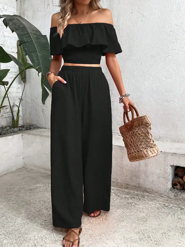Ladies' Tropical Printed Off Shoulder Top With Lace Trim And Wide Leg Pants Set Black - Shop at LoveMi