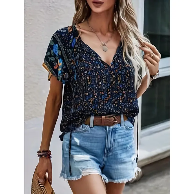 Women's Casual Short Sleeve Shirts Summer Boho Printed V Neck Drawstring Tunic Blouses Blue - Shop at LoveMi