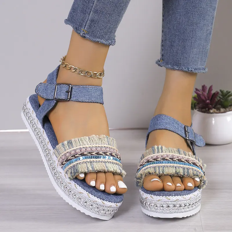 Fashion Tassel Denim Sandals with Thick-soled Flat Heel New