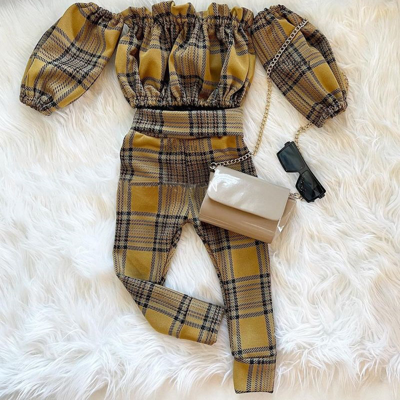 Checker Trousers One Shoulder Long Sleeve Two-piece Set