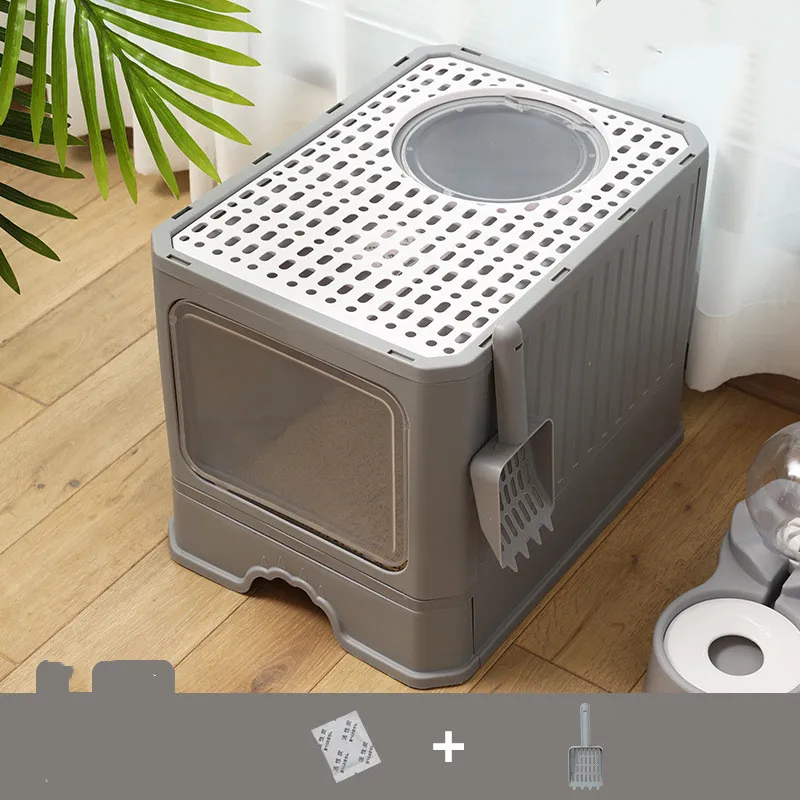 Large Double Door Drawer Foldable Cat Litter Basin - Grey