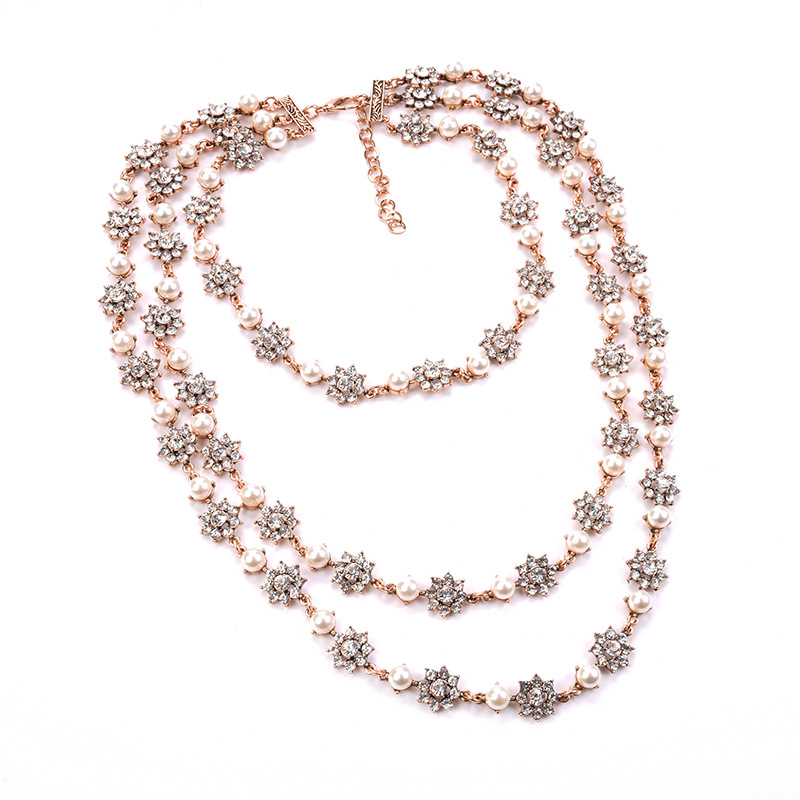 Multi Layer Pearl Crystal Gem Necklace