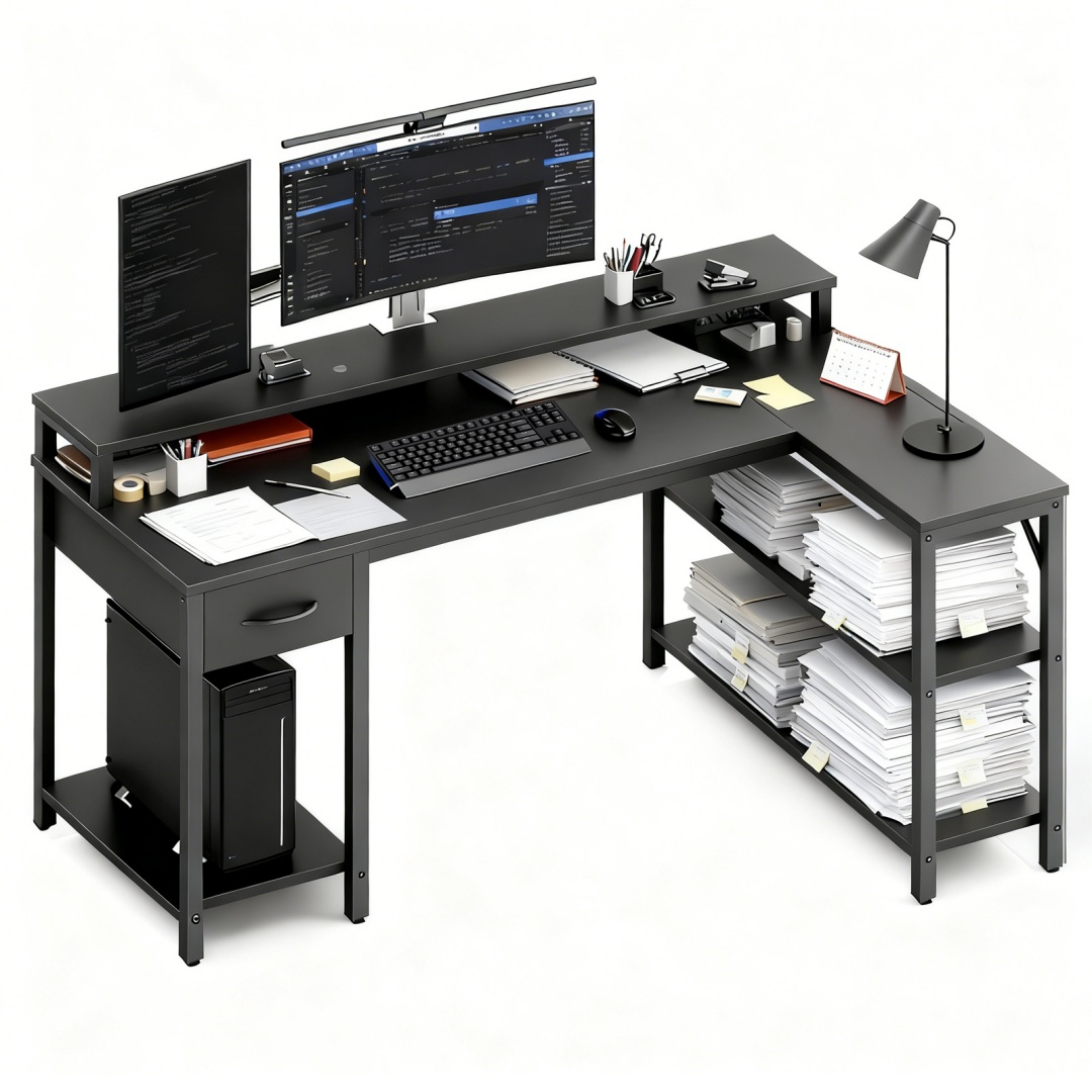 53-inch Gaming Table With USB Charging Port And LED Light, Reversible L-shaped Table With Power Socket And Monitor Stand image 31