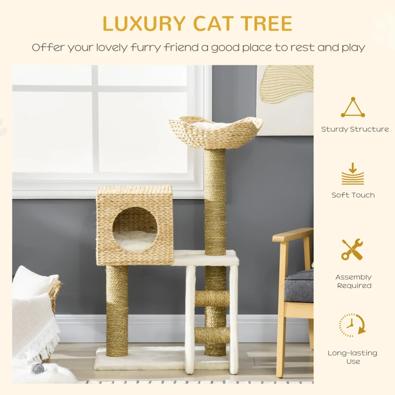 PawHut Cattail Weave Cat Tree For Indoor Cats Kitty Tower With Rattan Cat Condo, Wicker Bed, Ladder, Washable Cushions