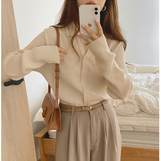 All Match Basic Thin Pit Strip Sweater Knit Sweater Cardigan Women