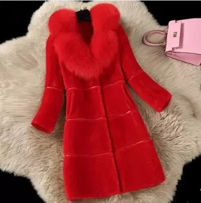 Women's Medium Length Sheep Sheared Fur Coat Red - Shop at LoveMi