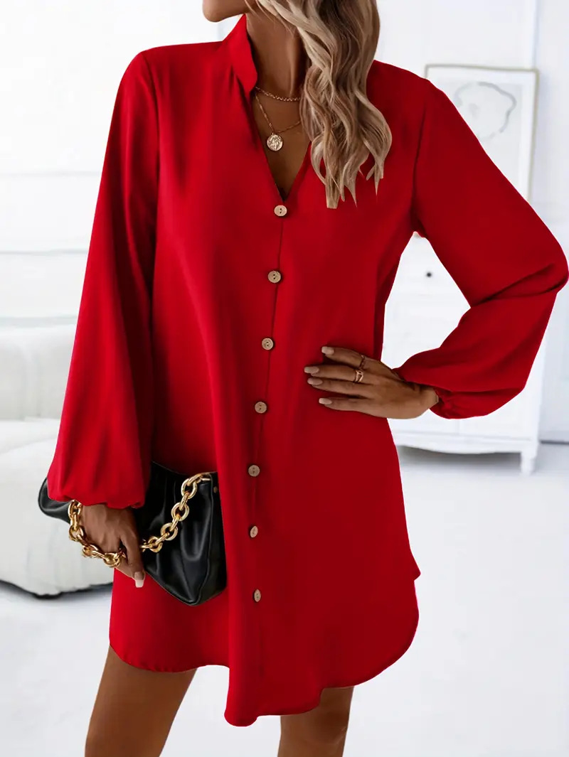 Women's Long Sleeve A-Line Dress in Red – V-neck single-breasted solid color casual elegant dress
