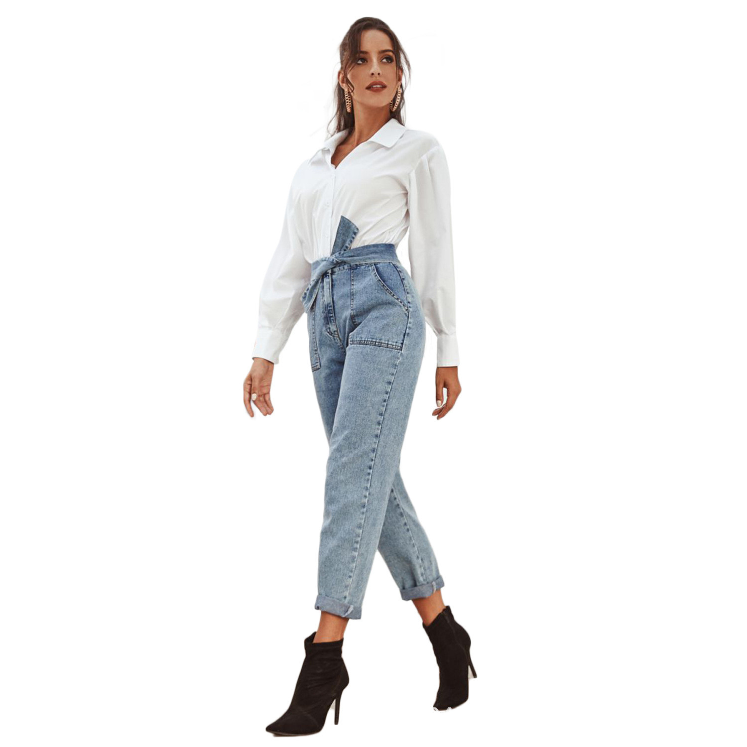 European And American Women's High Waist Stretch Slim Cropped Denim Pants