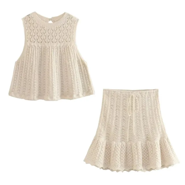 Round Neck Jacquard Mesh Hollow Out Sleeveless Knitted Top Drawstring Knitted Skirt Suit Women Suit L - Shop at LoveMi