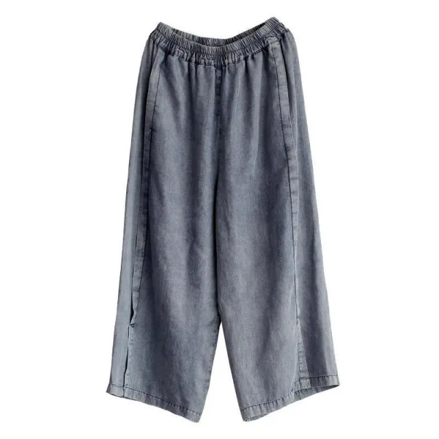 Women's Retro Plus Size Denim Pleated Wide Leg Pants Blue - Shop at LoveMi