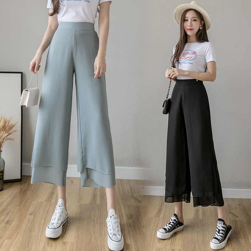 High Waist Loose Ninth Hakama Pants Drape Chiffon Wide Leg Hakama Women
