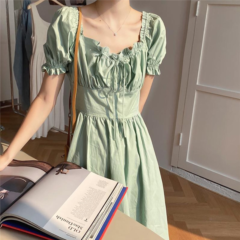 Square Collar Design Sense Waist Slimming Knee-length Skirt