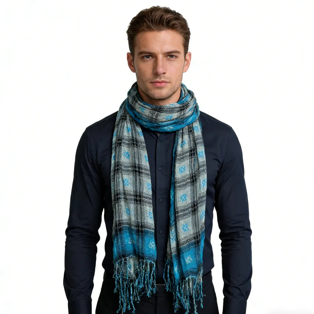 Extra Long Scarf, Turquoise Jacquard Crinkle Cool