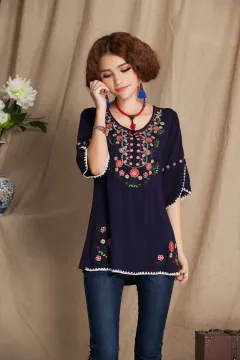 Plus Size Women's Finely Embroidered Cotton And Linen Shirt - Navy Blue - View 1