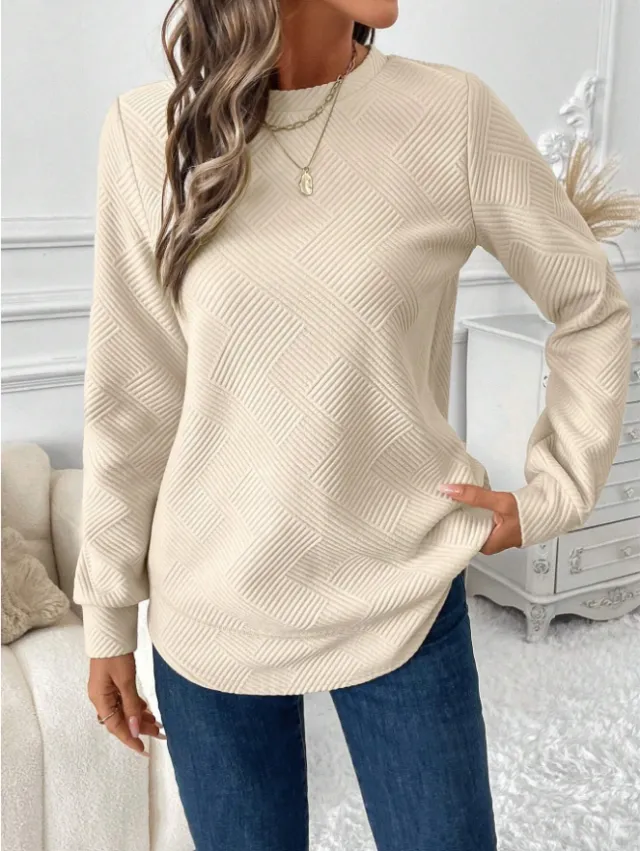 Women Casual Comfortable Waffle Textured Asymmetrical Hem Crew Neck Sweatshirt Beige - Shop at LoveMi