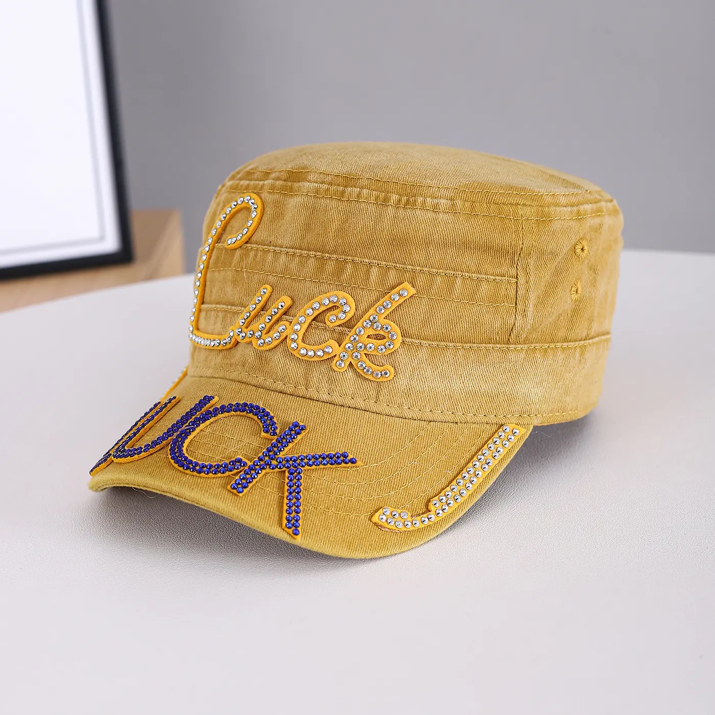 Summer Men's Solid-color Rhinestone-embroidered Letter  LUCK Water-washed Retro Sun-protective Street Fashion Hat For Gatherings, Street Dance, Casual Sports