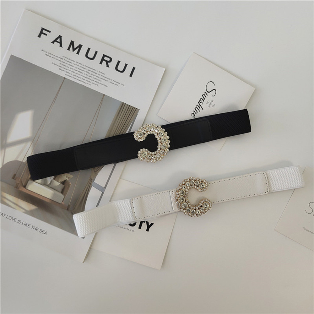 Semi Oval Diamond Inlaid Buckle Thin Waistband Female