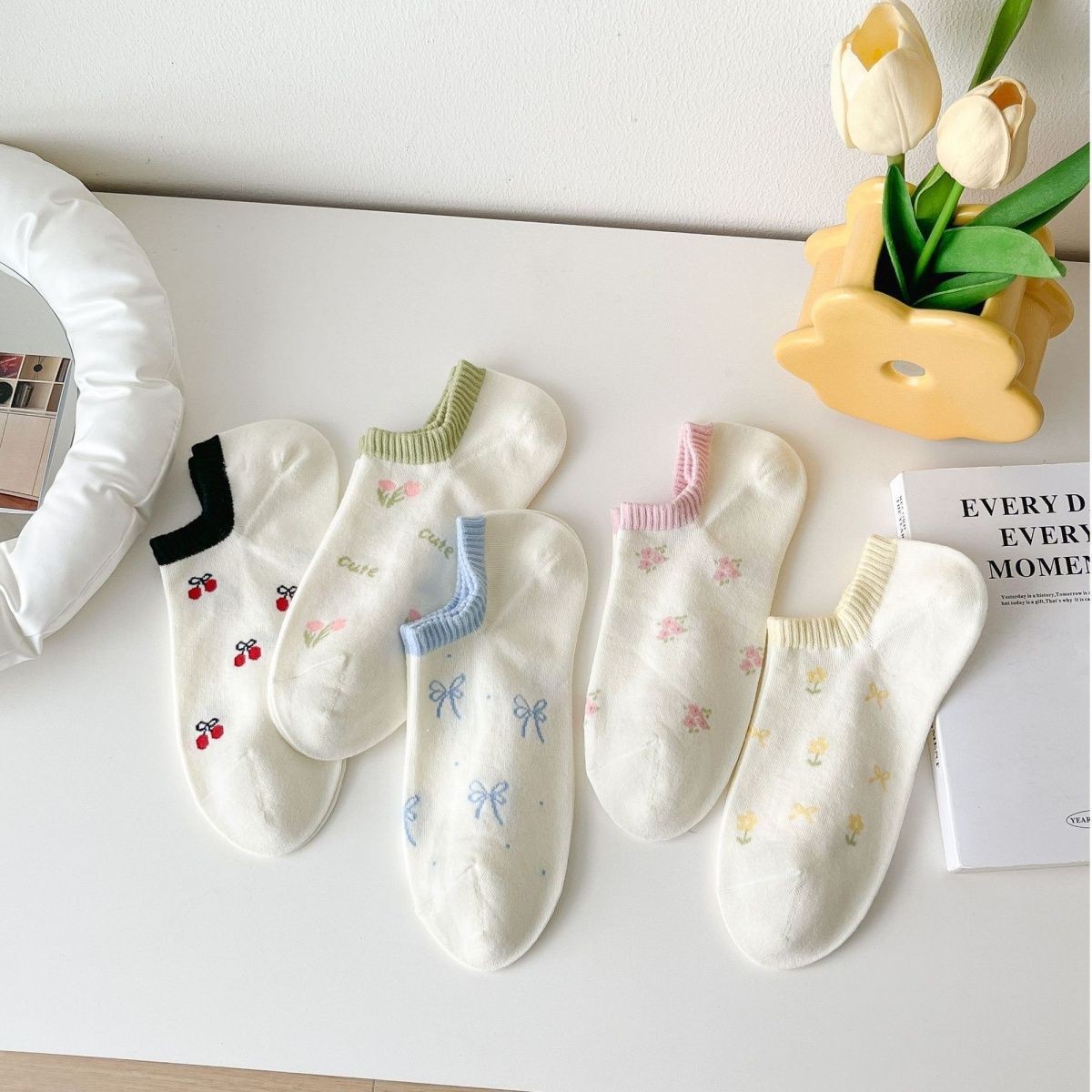 Coquette Cherry & Floral Print No Show Socks, Cute Bow & Tulip Low-Cut Liner Socks, Women's Breathable Casual Socks For Summer