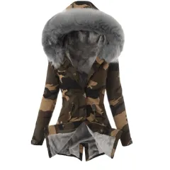 Wool Collar Drawstring Camouflage Print Casual Warm Cotton Coat Women - Grey - View 1