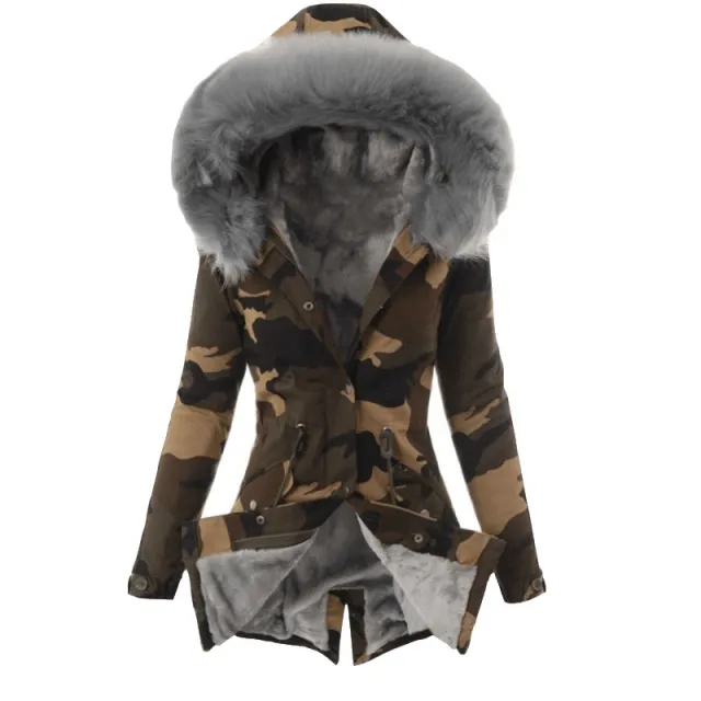 Wool Collar Drawstring Camouflage Print Casual Warm Cotton Coat Women Grey - Shop at LoveMi