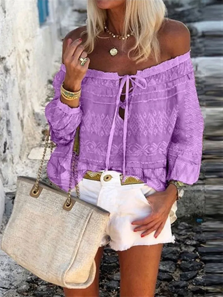 Tricolor Print Tie Long Sleeve Chiffon Shirt - Purple Pink