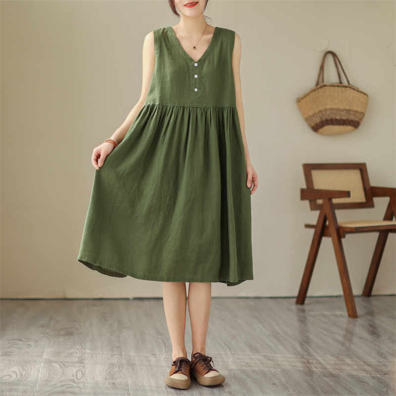 Japanese Cotton Linen V-neck Sleeveless Dress Women.