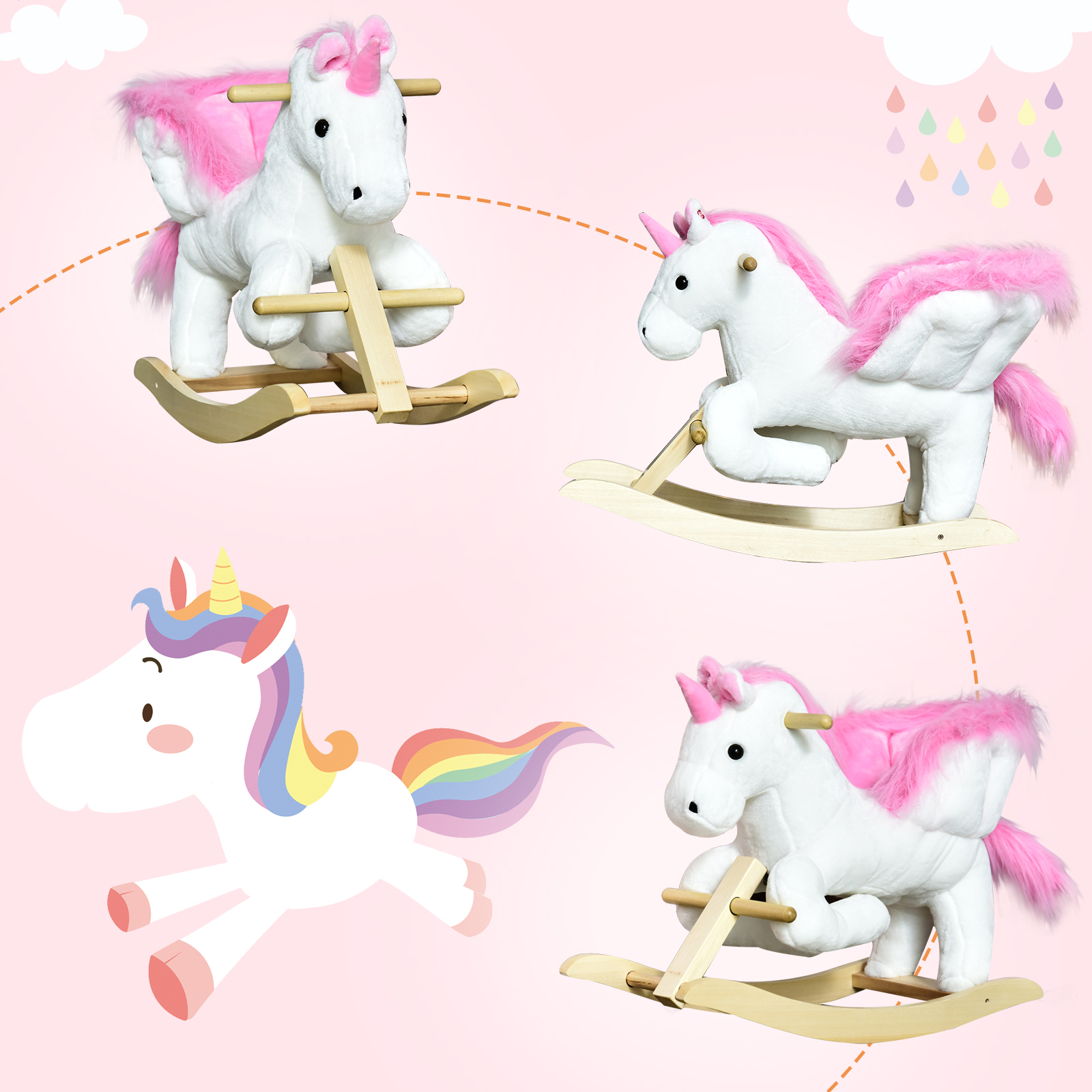 Children's Rocking Horse Unicorn Wooden Plush Riding Chair Toy With Music — image 4