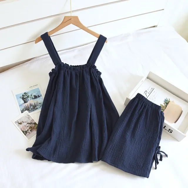 Cotton Crepe Suspender Shorts Vest Set Navy - Shop at LoveMi