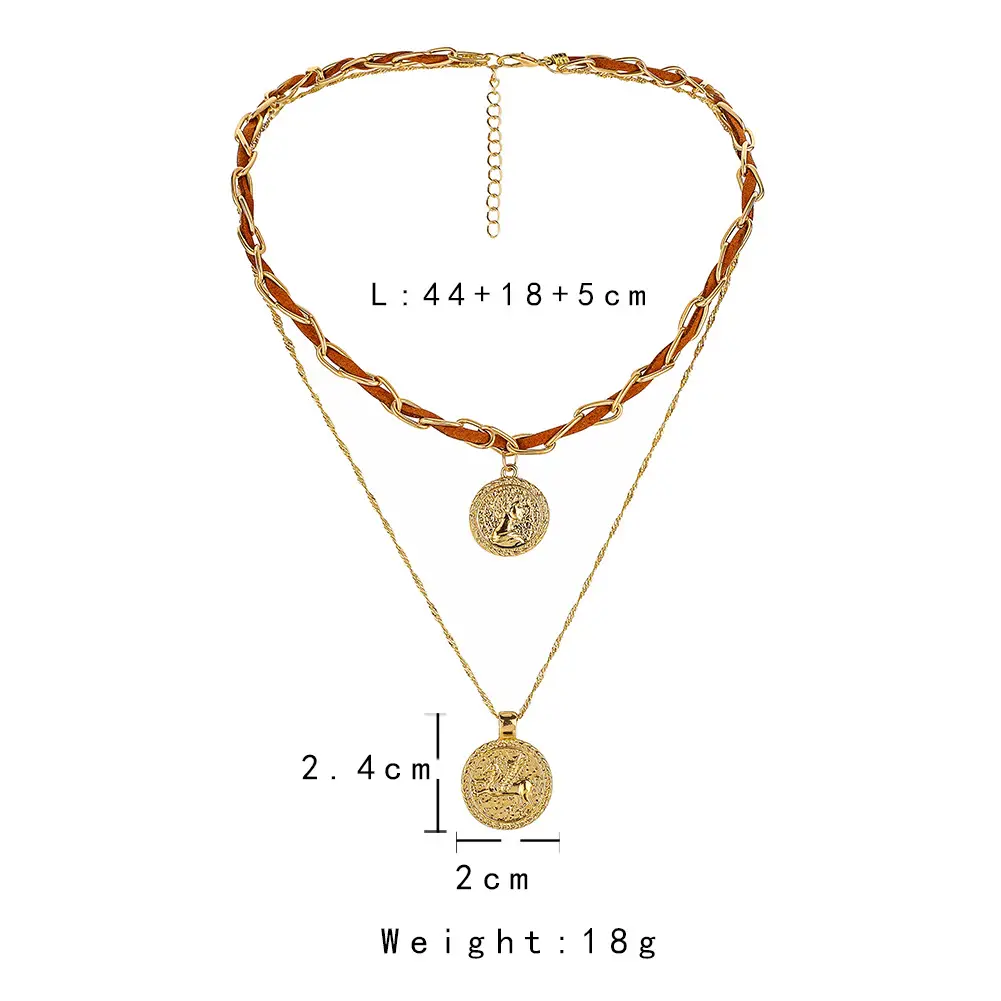 Double Leather Rope Chain Coin Pendant