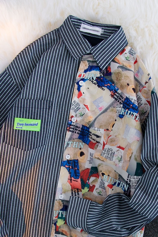 Bear Print Striped Shirt For Men And Women Niche