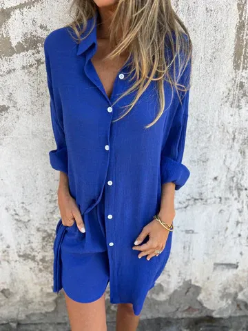 Loose Long sleeved Shirt Suit With Lapel Button Tops And Elasticated Shorts Fashion Casual Clothing For Women Blue - Shop at LoveMi