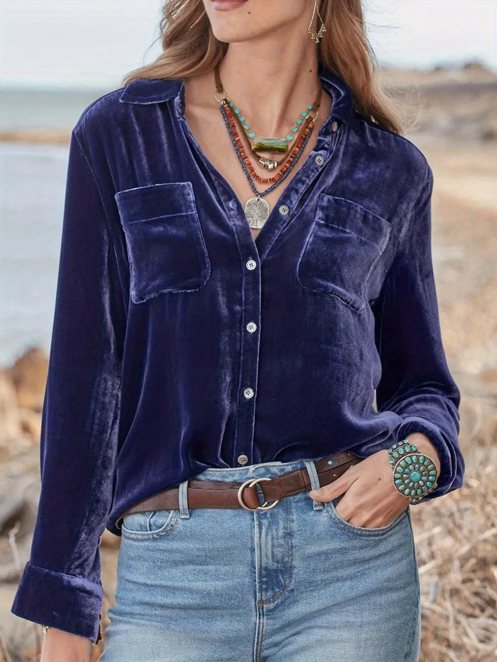 Women's Long-sleeved Velvet Shirt, Versatile Top, Loose-fitting Base Layer Shirt - Purple Blue