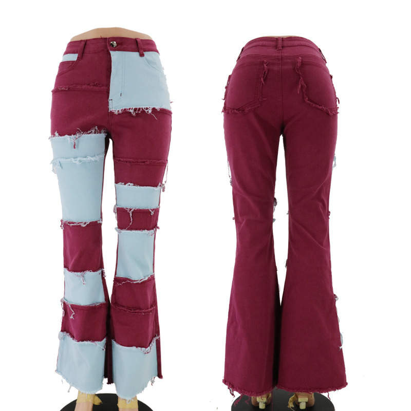 Patchwork high rise flared jeans Red - Shop at LoveMi