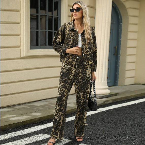 Washed Fashion Leopard Print Denim Jacket Jacket Top – Leopard print, S