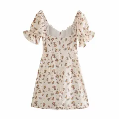 Stylish Square Neck Lace Up Flower Print Dress - Photo Colour - View 1