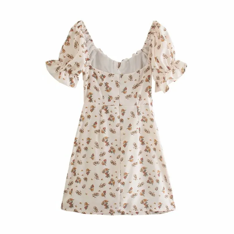 Stylish Square Neck Lace Up Flower Print Dress - Photo Color