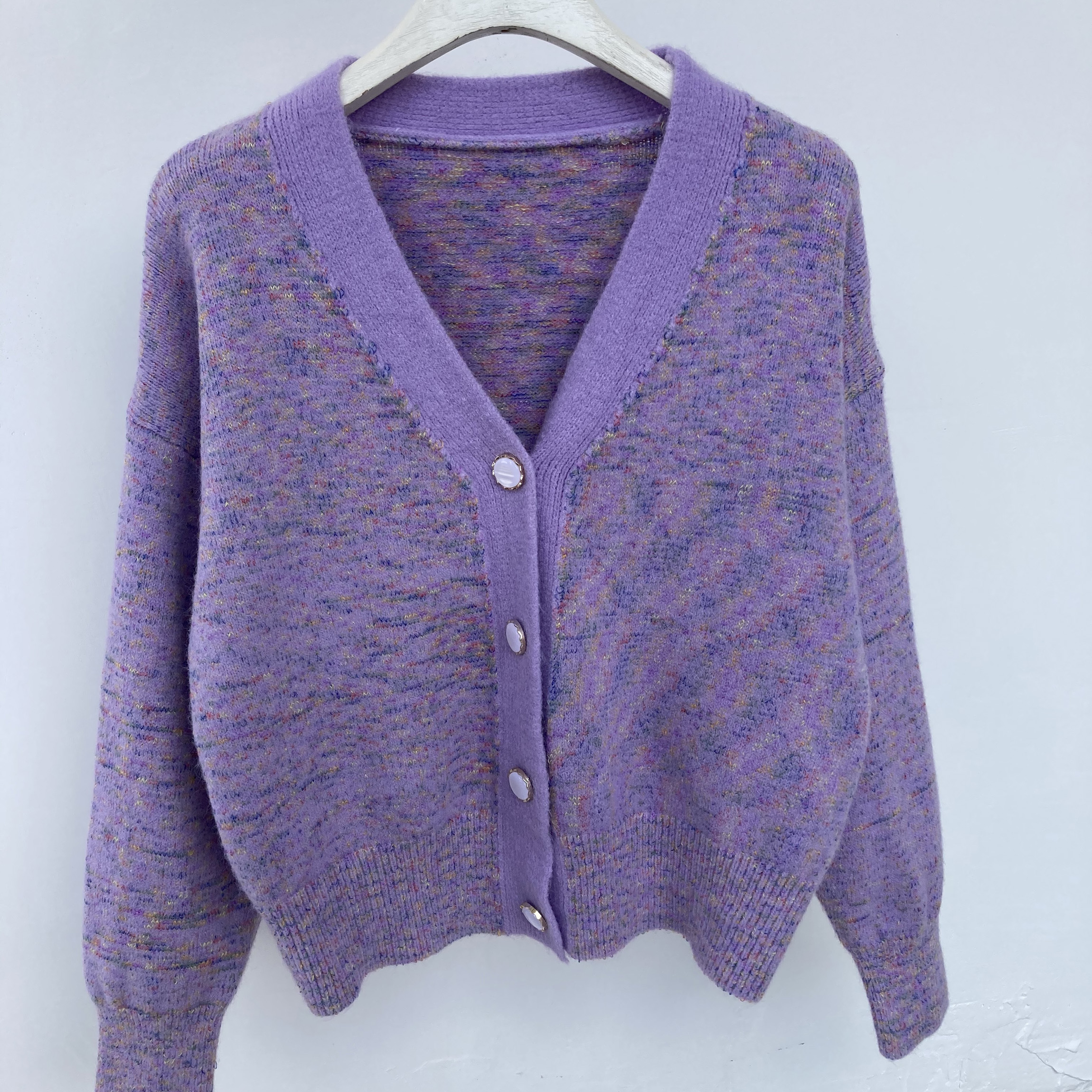 V-neck Long-sleeved Sweater Coat Loose Commuter Knit Mixed Color Temperament