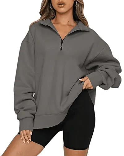 Women Sweatshirts Zip Turndown Collar Loose Casual Tops Clothes Dark Grey - Shop at LoveMi