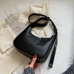 Retro Shoulder Bag Wide Shoulder Strap Crossbody - Black - View 1